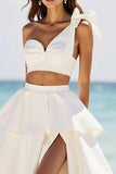 A Line White 2 Piece Satin Tiered Long Formal Dress with Slit